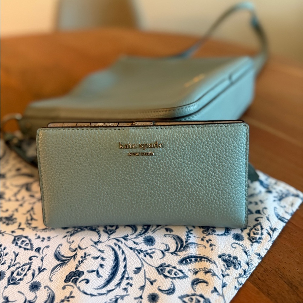 SET!!  kate spade sage green pebbled leather wallet and crossbody